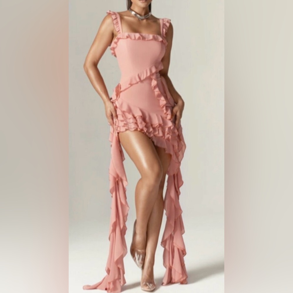 Alieva Dusty Rose Asymmetrical Ruffle High-Low Dress